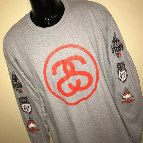 Men's Stussy Logos Long Sleeve Gray T-shirt -Size: XL - Picture 10 of 10
